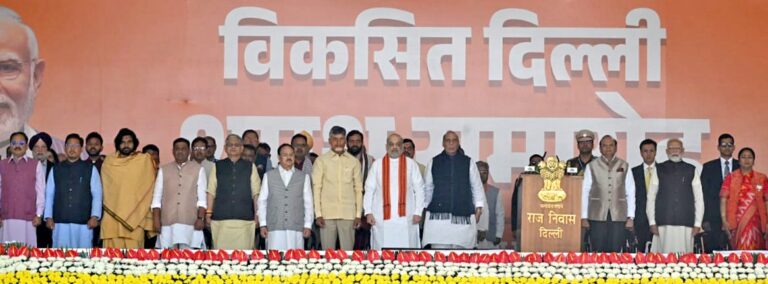 BJP exhibits show of strength as Rekha Gupta takes oath as Delhi’s 4th woman CM