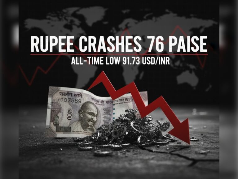 Rupee crashes 76 paise to settle at record low of 91.73 against US dollar