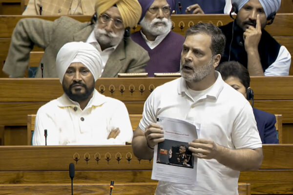 Rahul Gandhi speaks in the House during the Budget session in New Delhi.