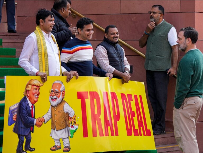 ‘Trap deal’: Oppn MPs protest in Parliament complex against India-US trade agreement