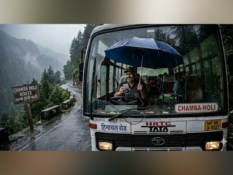 Driver in Himachal holds umbrella while driving bus in rain, video goes viral