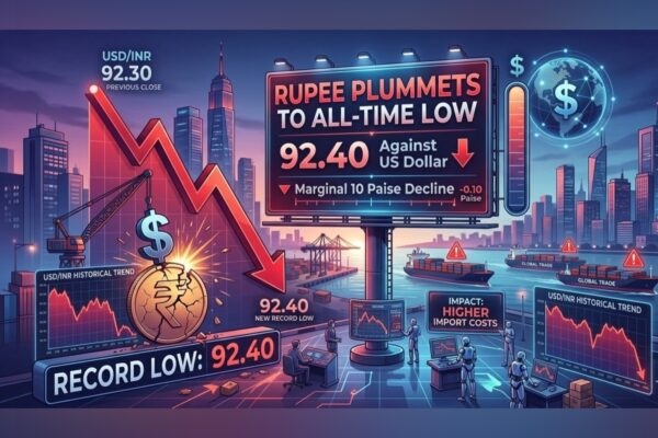 Rupee falls 10 paise to record 92.40 vs US dollar