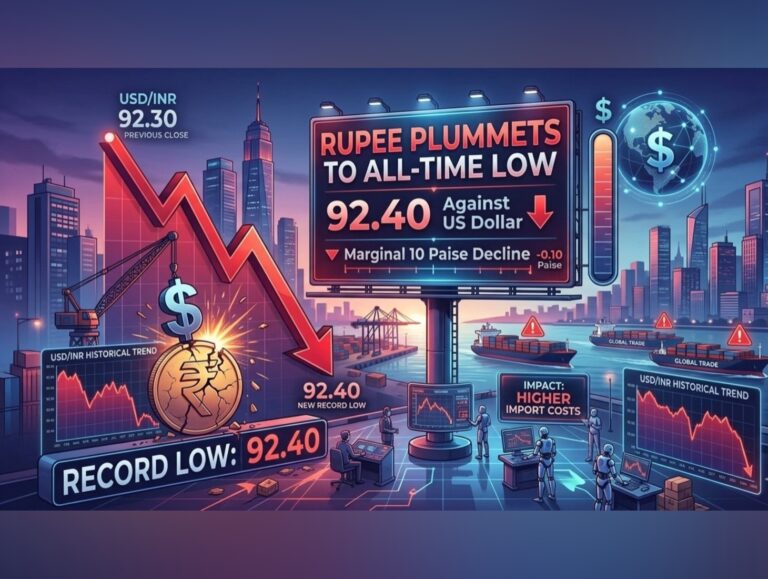 Rupee falls 10 paise to record 92.40 vs US dollar