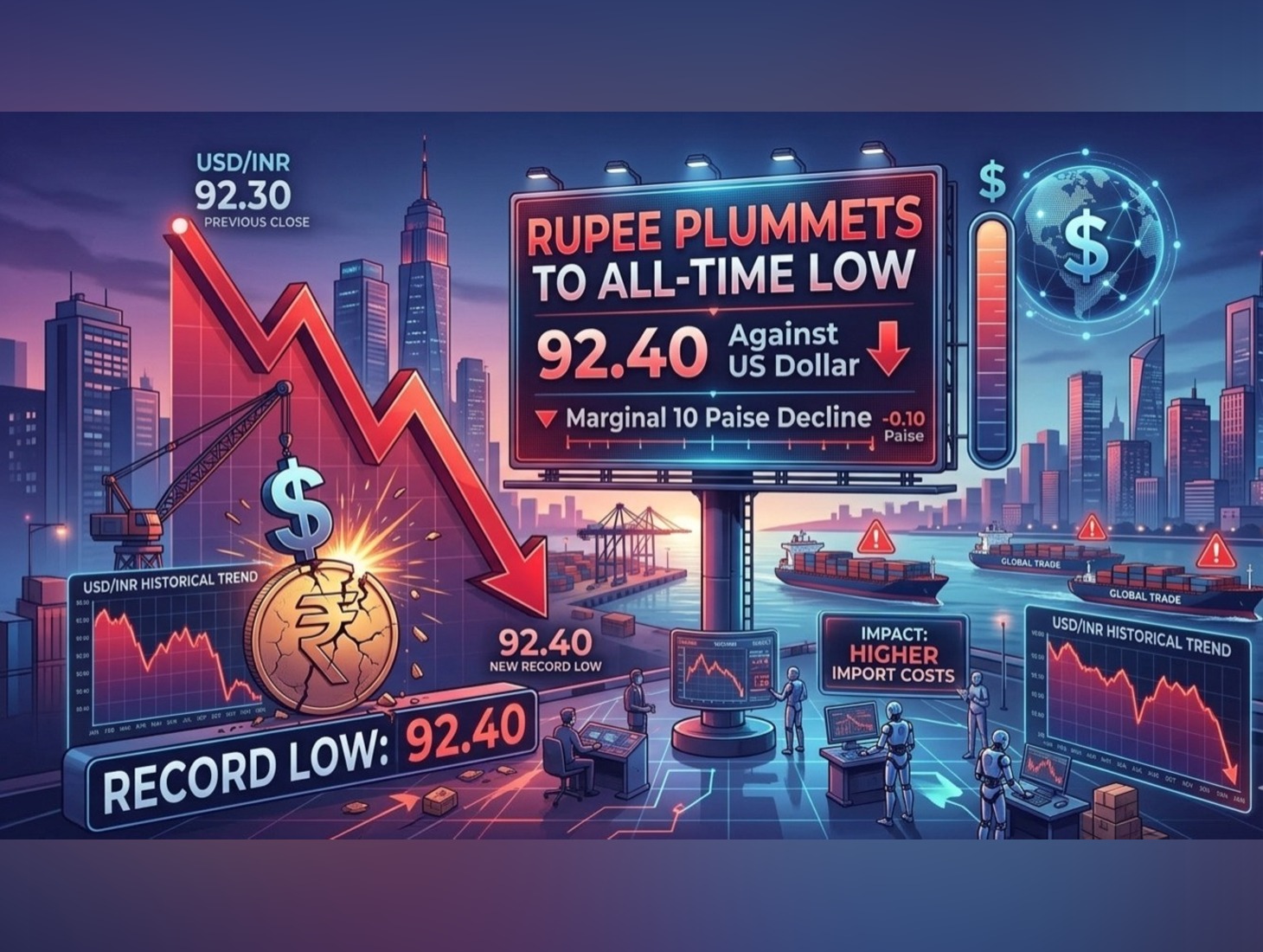 Rupee falls 10 paise to record 92.40 vs US dollar