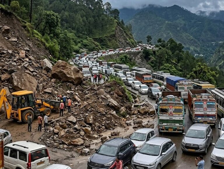 Landslide disrupts traffic on the Shimla-Kalka highway; long queues reported in Solan district