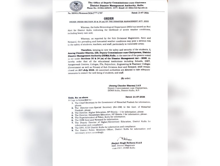 Schools in Ani and Nirmand closed amid red alert for Kullu